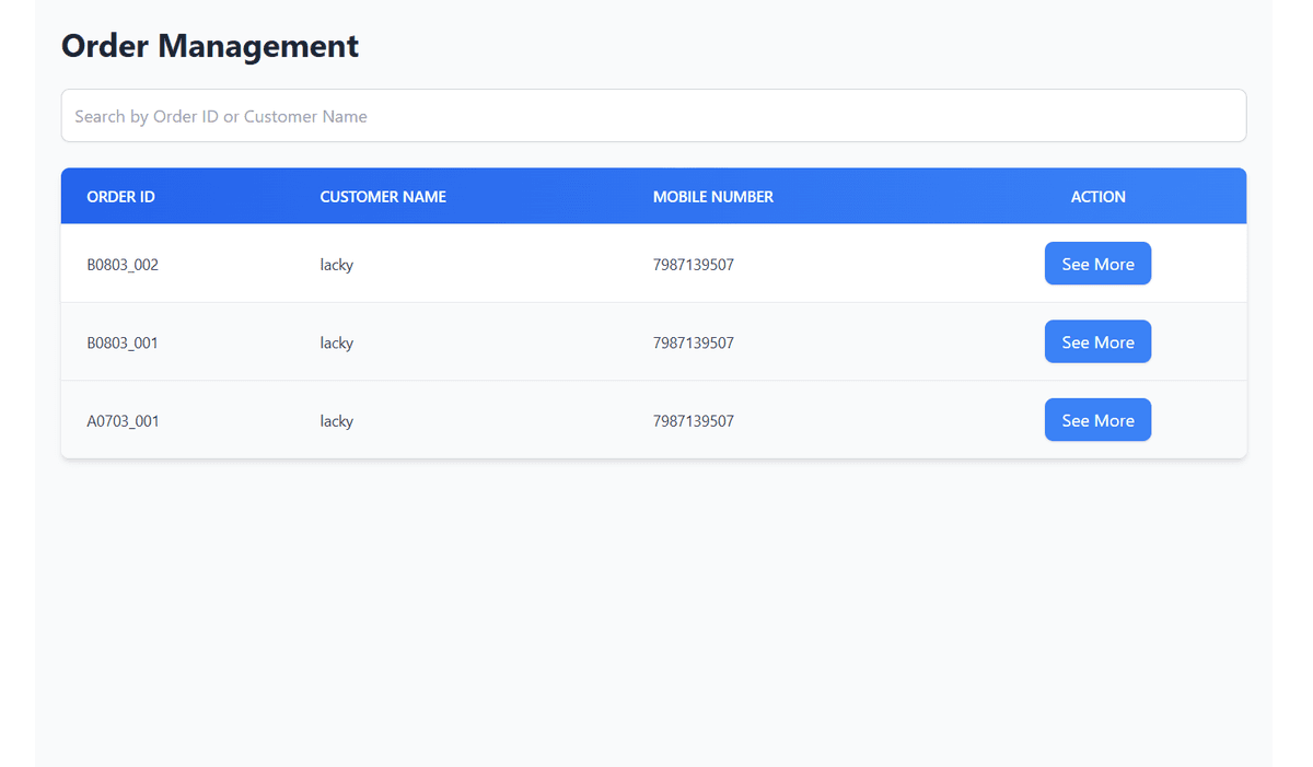 Customer management interface showing details and order history in Cleanwid_DIS